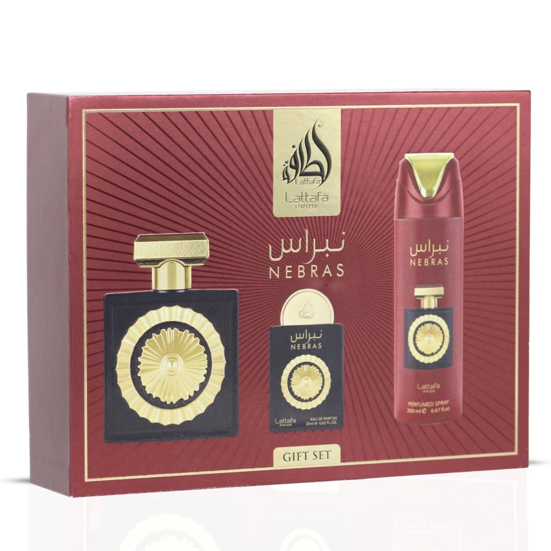Lattafa Pride Nebras 3-Piece Eau de Parfum Gift Set | Juicy Berries Drizzled in Molten Chocolate (Gift Set) - Intense Oud