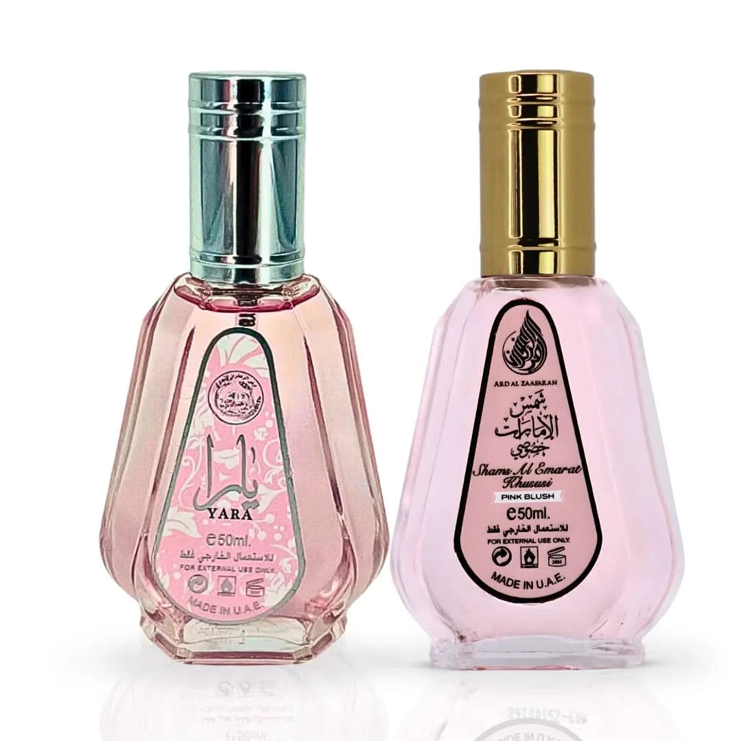 Yara & Pink Blush Shams Al Emarat perfume spray bundle by Ard Al Zaafaran, 50ml each, featuring floral and fruity fragrance bottles.