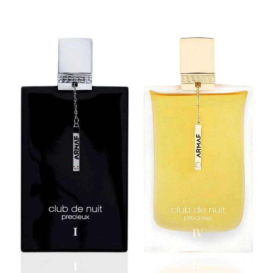 Bundle of Armaf Club de Nuit Précieux I and IV perfume sprays, 55ml each, featuring elegant bottles with intricate designs.