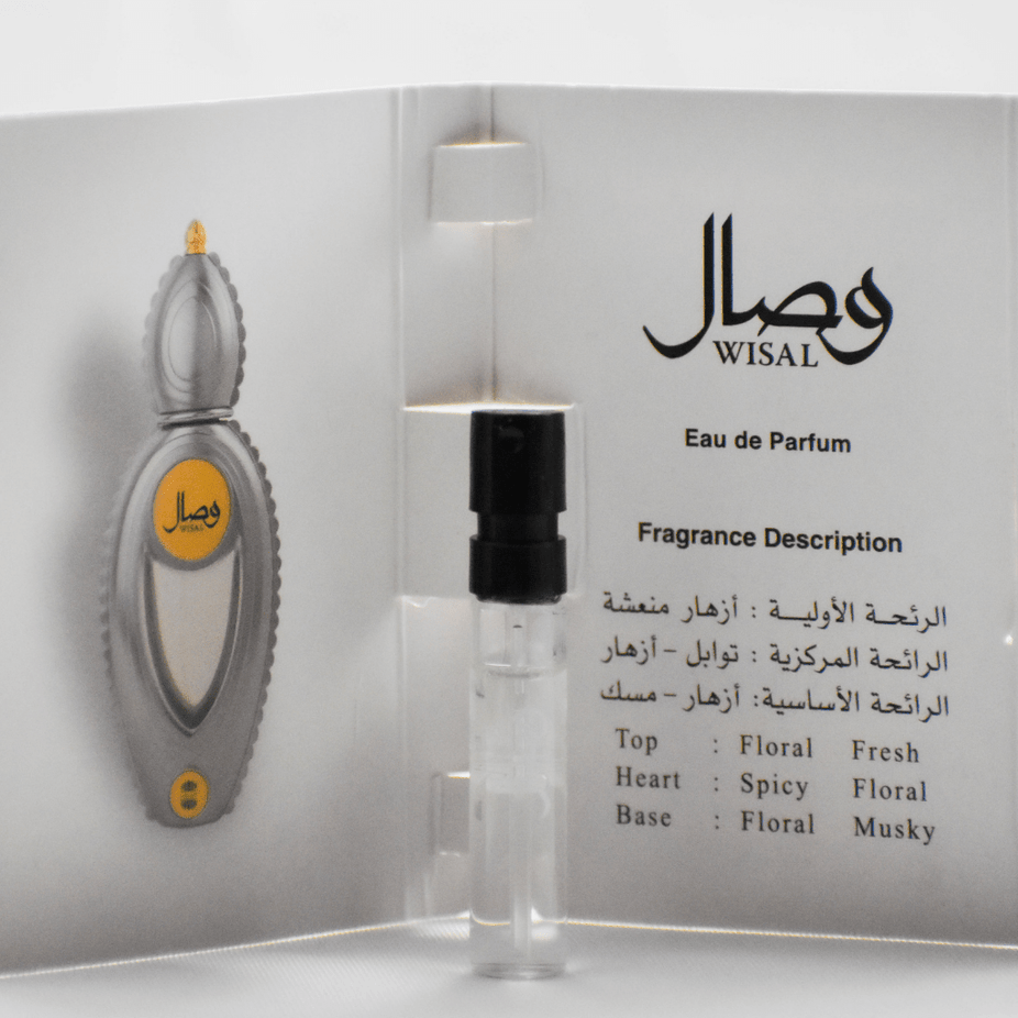 Small perfume sample bottle for women, Ajmal Wisal EDP 1ml sample, with elegant packaging and clear label.