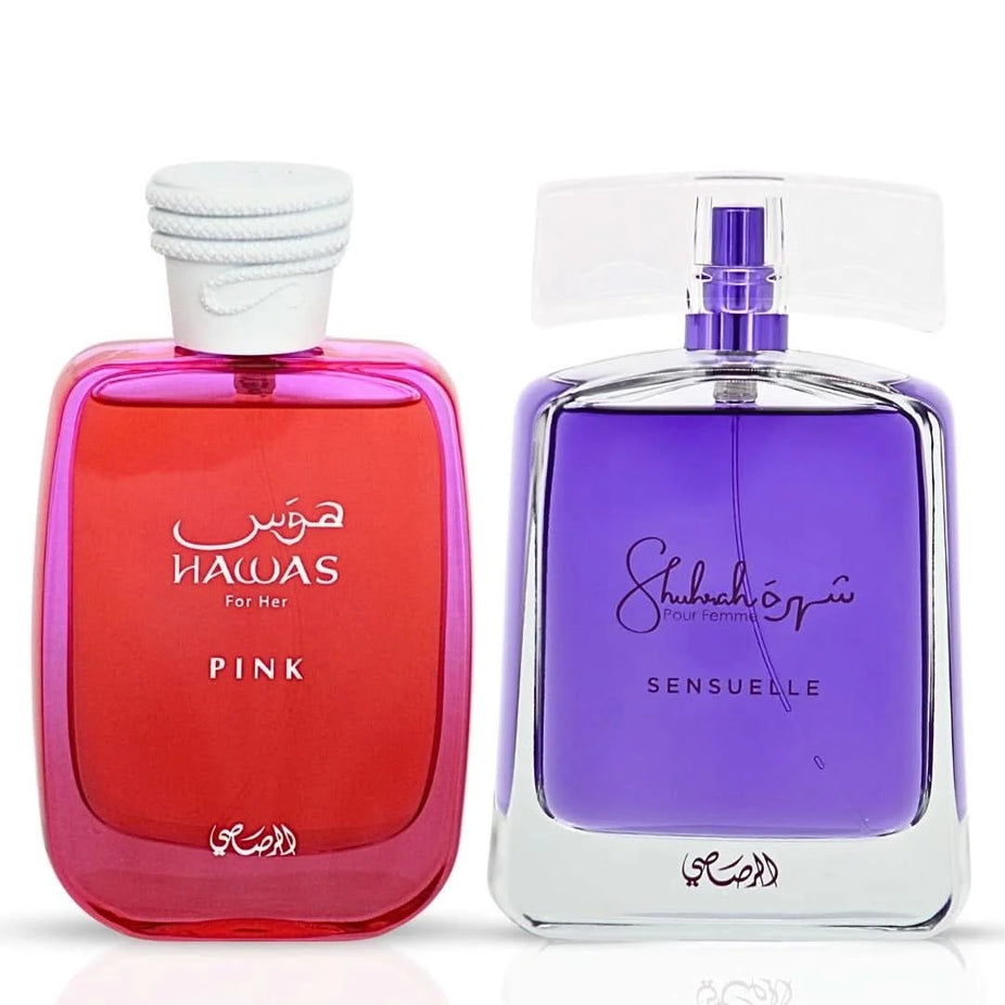 Rasasi Hawas Pink 100ml and Shuhrah Sensuelle 90ml Eau de Parfum sprays in a bundle, featuring elegant perfume bottles.