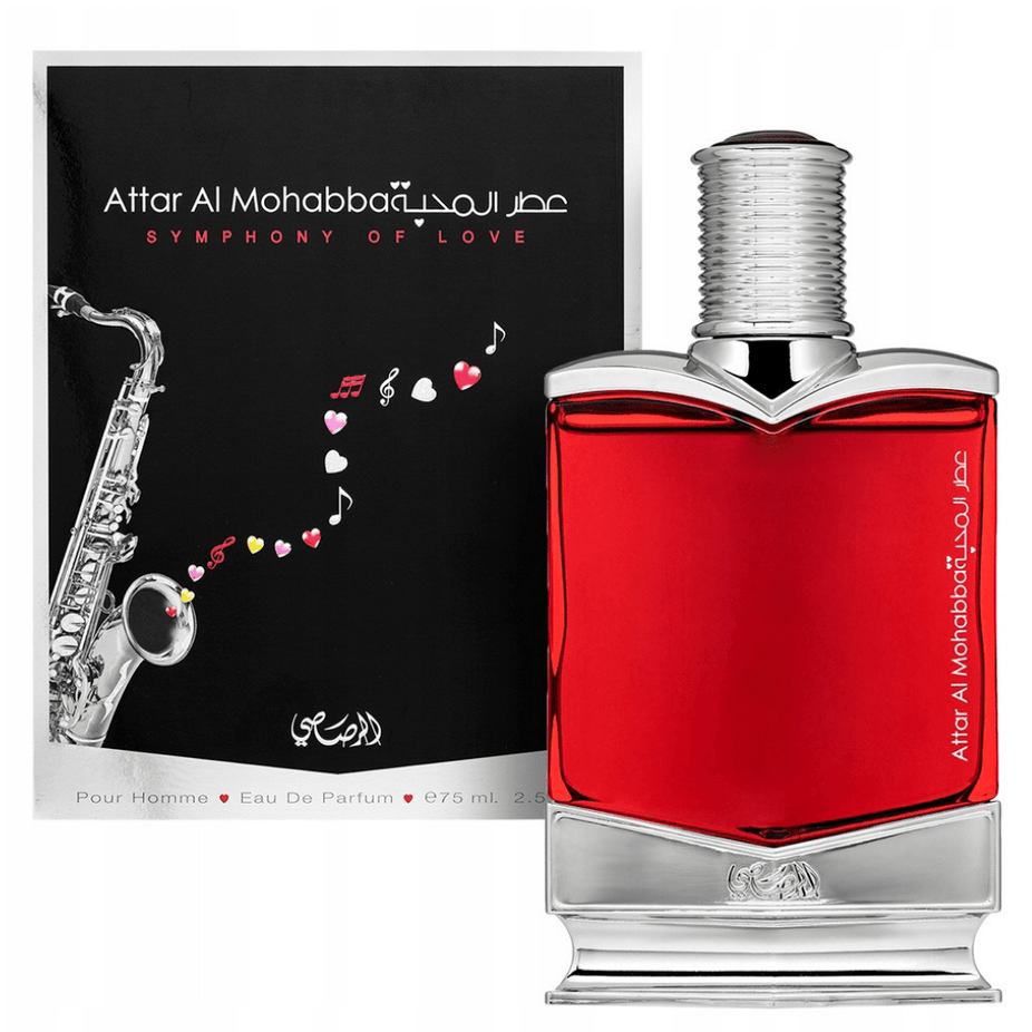 Attar Al Mohabba Men EDP by Rasasi, 75ml Eau De Parfum bottle with elegant design and brand logo visible.