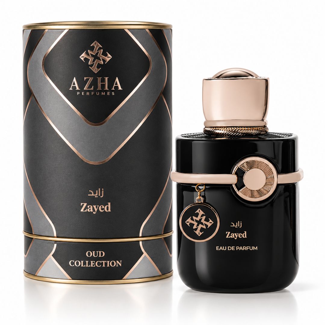 AZHA Zayed Eau de Parfum spray 100ml bottle with sleek design and clear label, showcasing the elegant fragrance packaging.