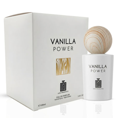 Aura Fragrances Vanilla Power Eau De Parfum spray bottle, 100ml, with a sleek design and a vanilla scent.