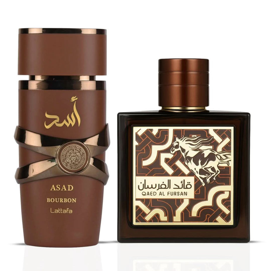 Lattafa Asad Bourbon and Qaed Al Fursan Untamed Eau de Parfum spray bundle, 100ml and 90ml bottles side by side.