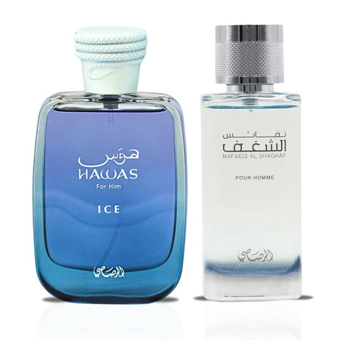 Rasasi Hawas Ice and Nafaeis Al Shaghaf men's Eau de Parfum bundle with two 100ml spray bottles on a white background.