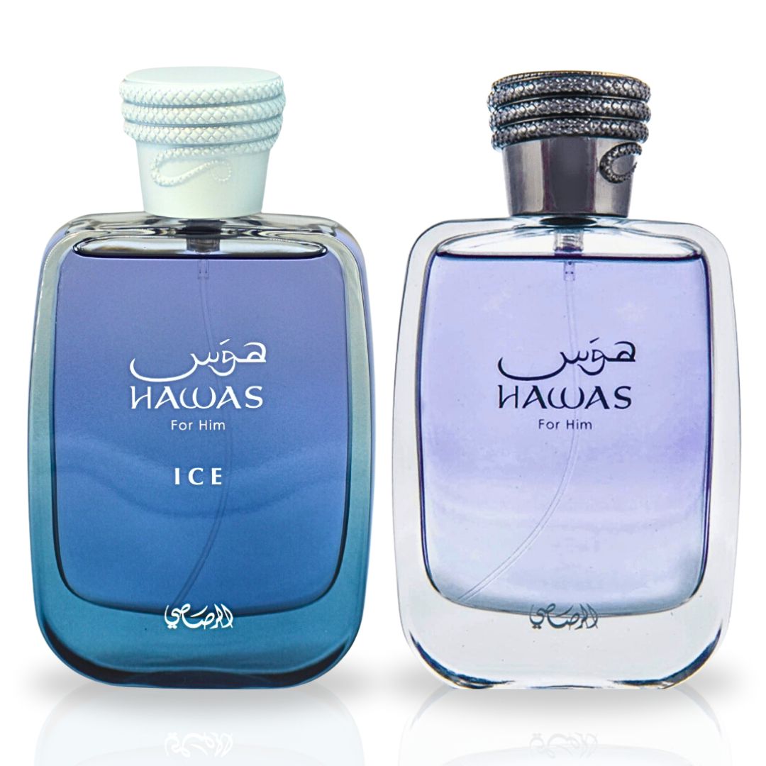 Rasasi Hawas & Hawas Ice - For Him EDP Sprays 100ML (3.4 OZ) by Rasasi | Long Lasting, Refreshing, Aquatic, Luxurious Masculine Scents. (Value Pack) - Intense Oud