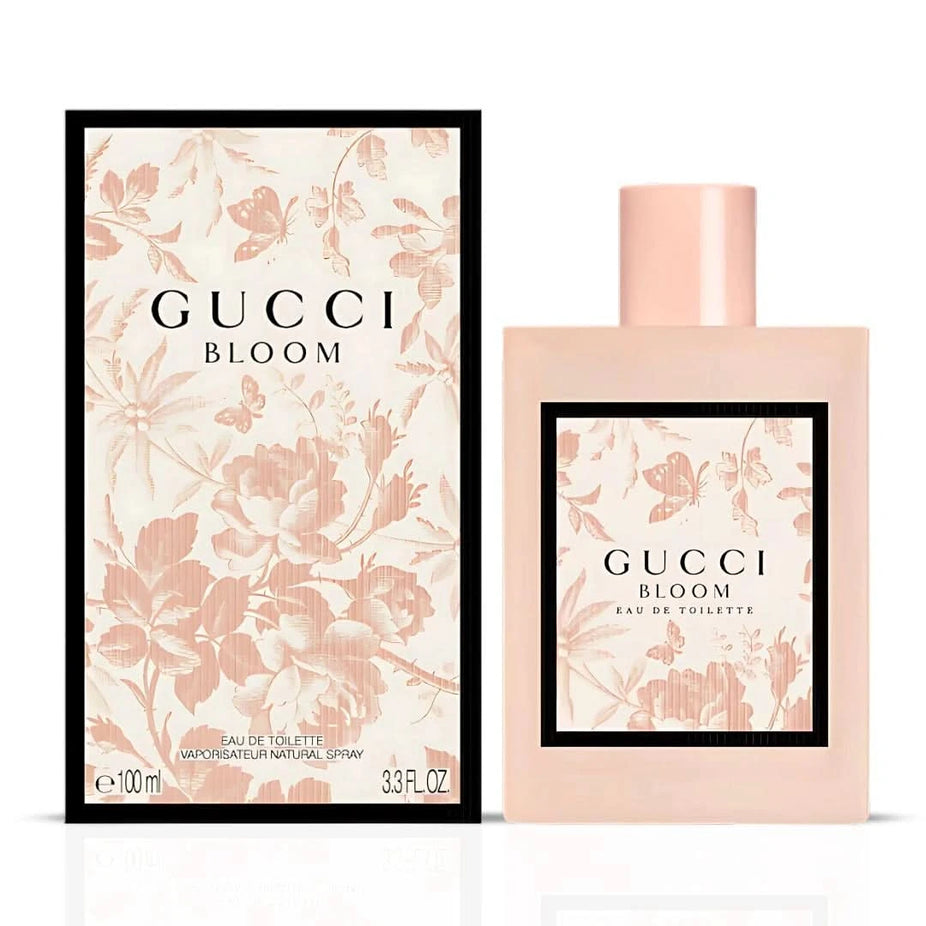 Gucci Bloom Eau de Toilette spray 100ml bottle with floral design, showcasing the luxury fragrance packaging.