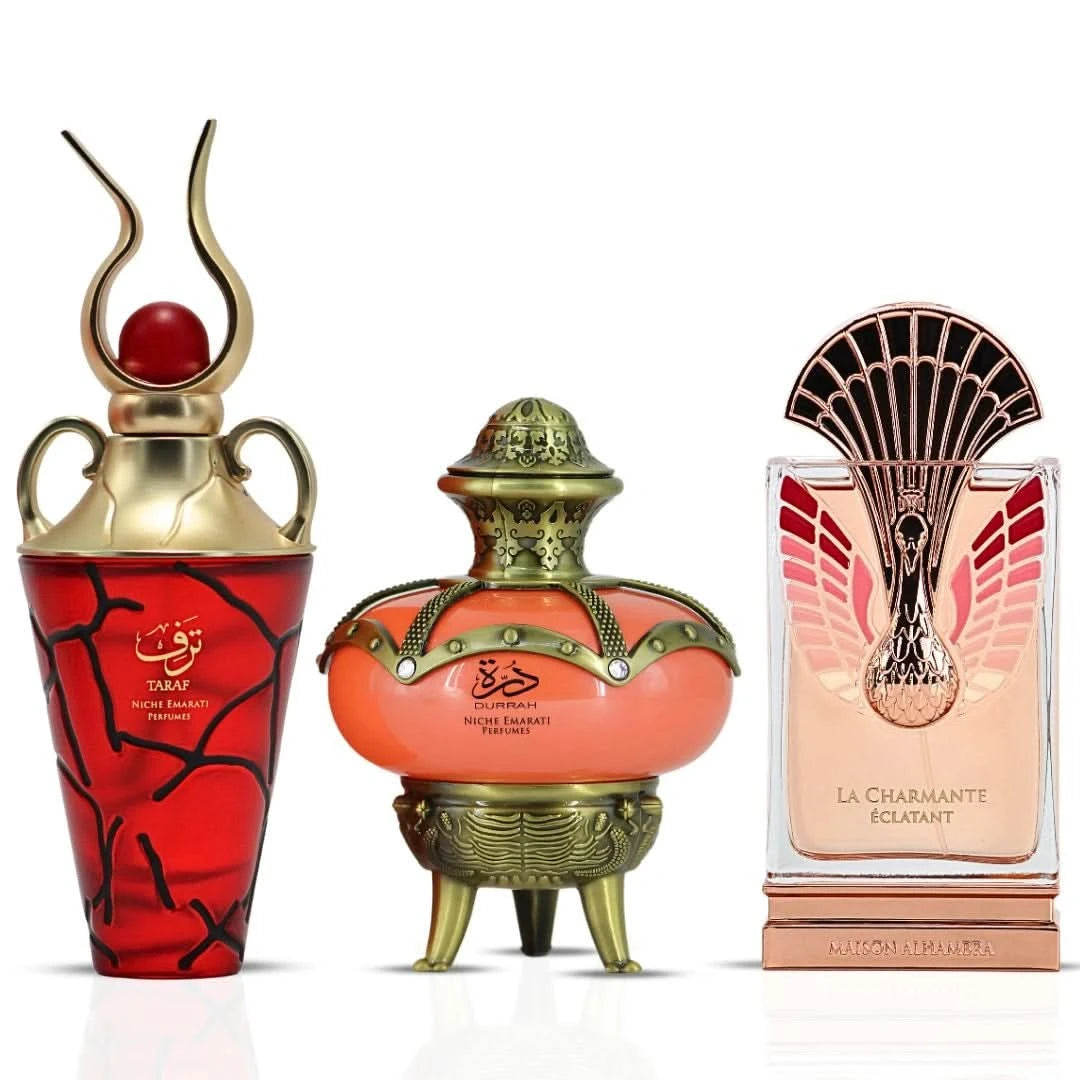 Bundle of Lattafa Niche Emarati Taraf & Durrah Eau de Parfum sprays with Maison Alhambra La Charmante Éclatant and Pink Musk perfume oil.