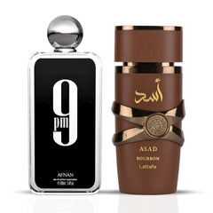 9PM by Afnan & Asad Bourbon by Lattafa – Eau de Parfum Sprays 100ml (3.4 oz) | An Irresistible Duo of Fresh Spice & Warm Indulgence (Bundle)