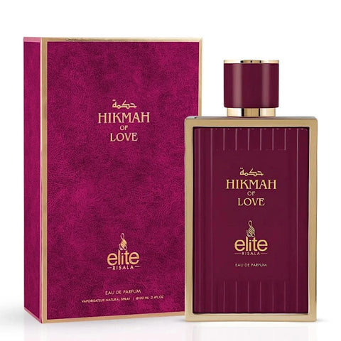 Hikmah Of Love Eau de Parfum Spray by Risala Elite, 100ml bottle with elegant packaging and floral fragrance details.