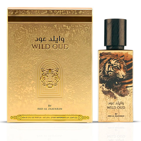 Wild Oud Eau de Parfum spray by Ard Al Zaafaran, 60ml bottle with elegant design and floral accents, showcasing the luxurious fragrance.