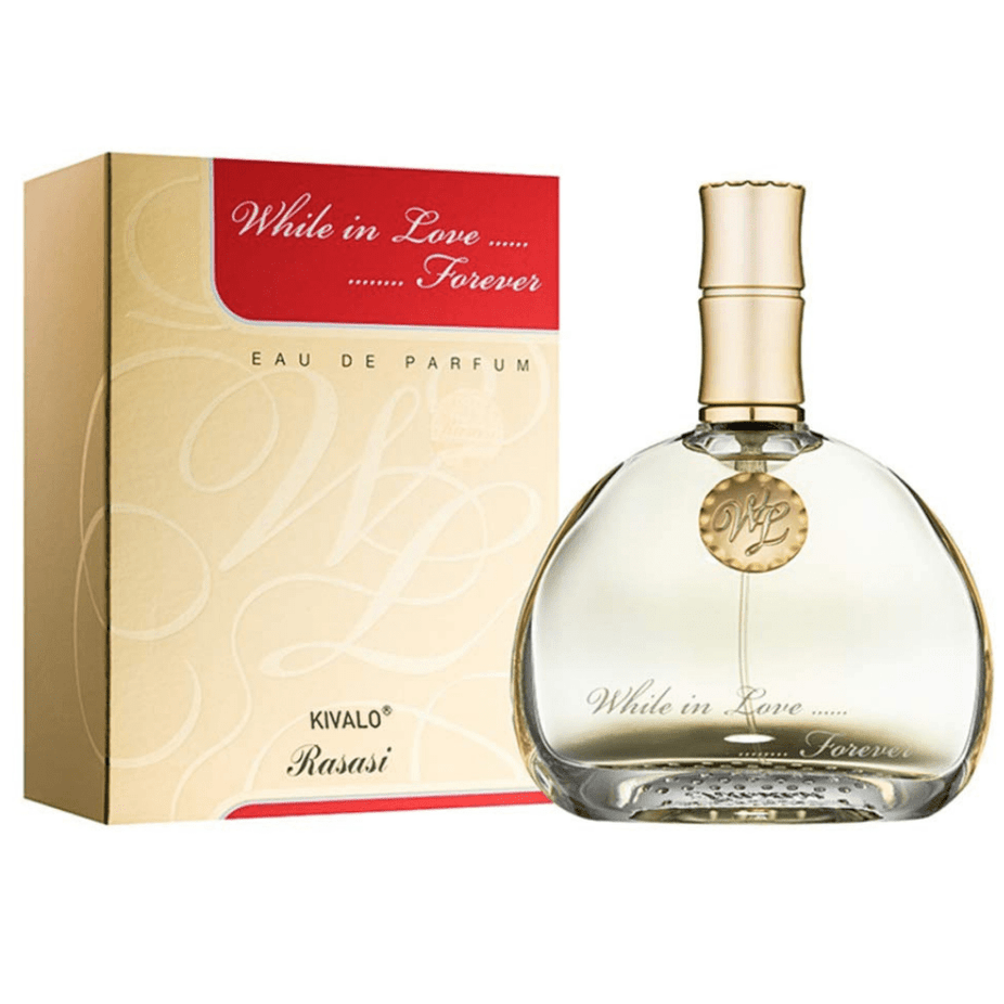 Rasasi While in Love Forever for Women EDP bottle with floral and fruity fragrance design, 80 ML (2.7 oz).