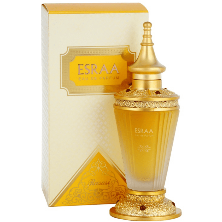 Rasasi Esraa for Women Eau De Parfum 60ml bottle, elegant glass design with a sleek, modern look.