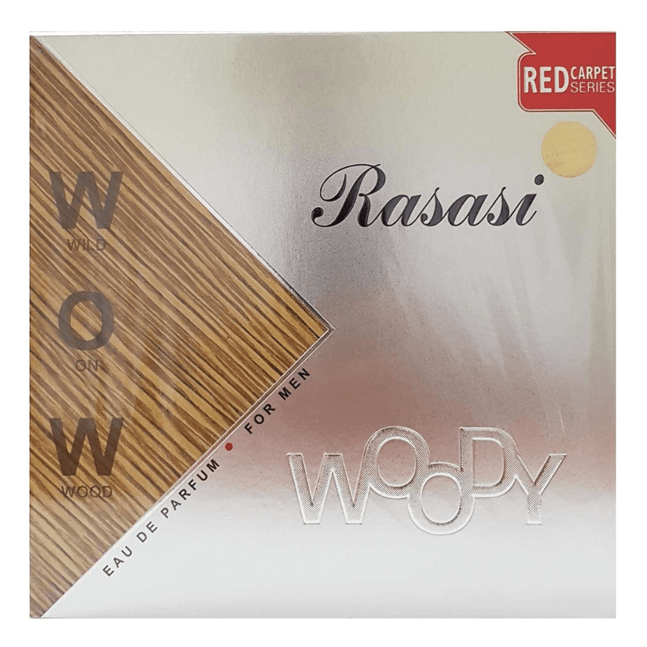 Woody for Men Rasasi Eau de Parfum 60ml bottle, sleek glass design with black cap, showcasing the men's fragrance.
