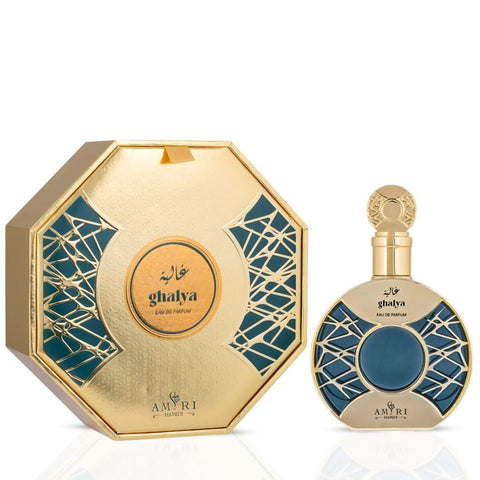 Hamidi Ghalya Amiri Eau de Parfum spray bottle, 100ml, with elegant packaging and floral design, showcasing the luxury fragrance.