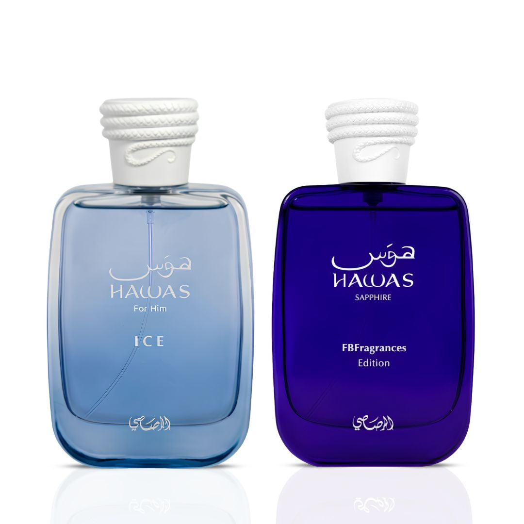 Hawas Sapphire & Hawas Ice Eau de Parfum Sprays 100ml (3.4 oz) by Rasasi (Bundle)