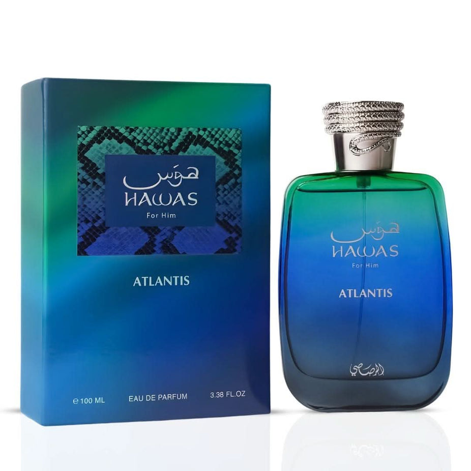 Rasasi Hawas Atlantis Eau de Parfum spray 100ml bottle, featuring sleek packaging and the fragrance's elegant design.