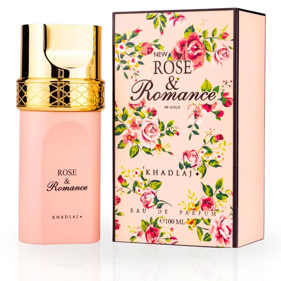 Khadlaj Rose & Romance Gold EDP Spray 100ML floral perfume bottle with elegant gold accents and a luxurious design.