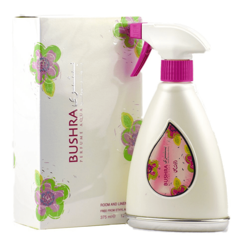 Aqua Bushra air freshener bottle by Rasasi, 375ml, with a sleek design and label featuring floral and aquatic imagery.