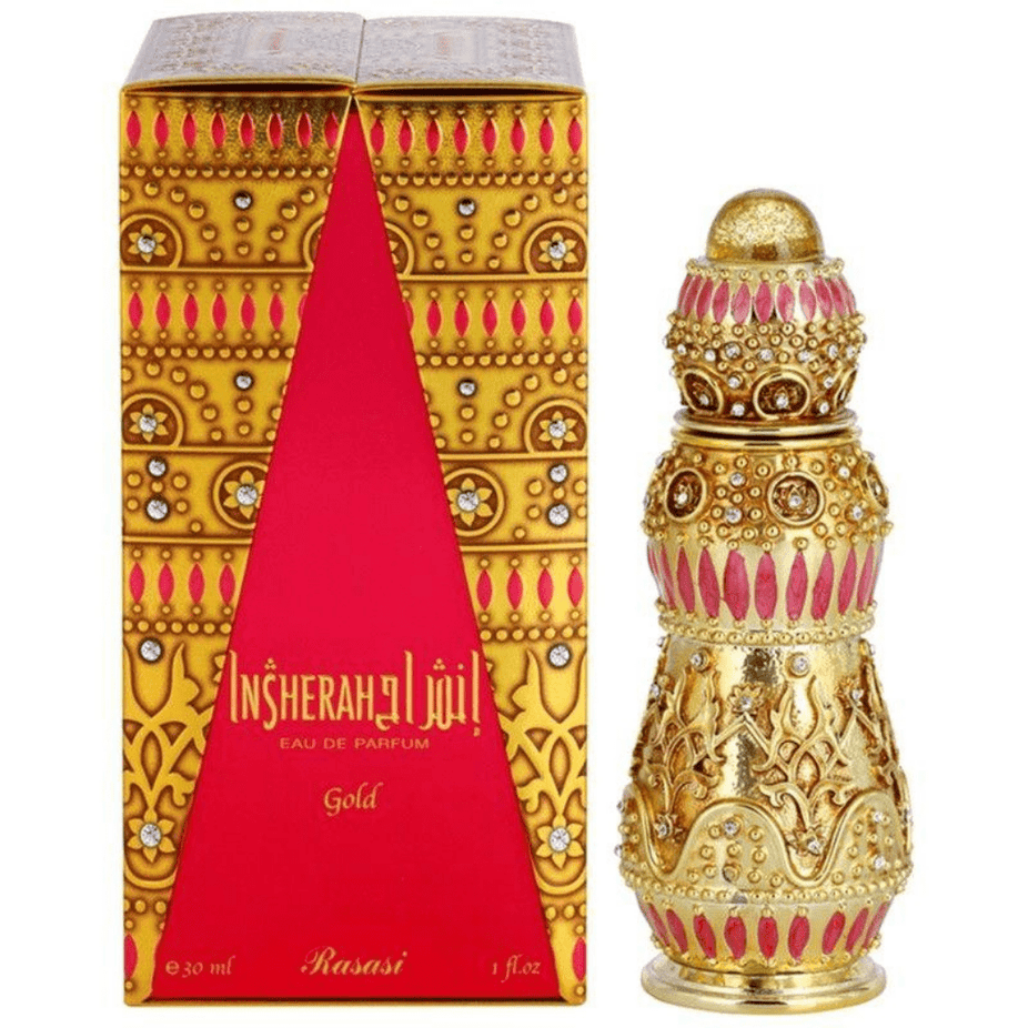 Insherah Gold Eau De Parfum by Rasasi in a 30ml bottle, featuring a luxurious gold design and elegant fragrance bottle.