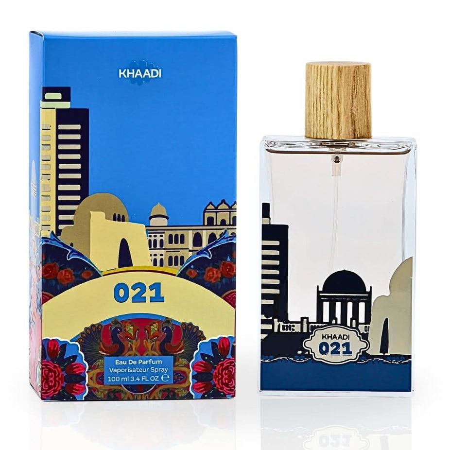 Khaadi 021 Eau de Parfum Spray 100ml bottle, elegant fragrance with floral and woody notes, in a stylish glass bottle.