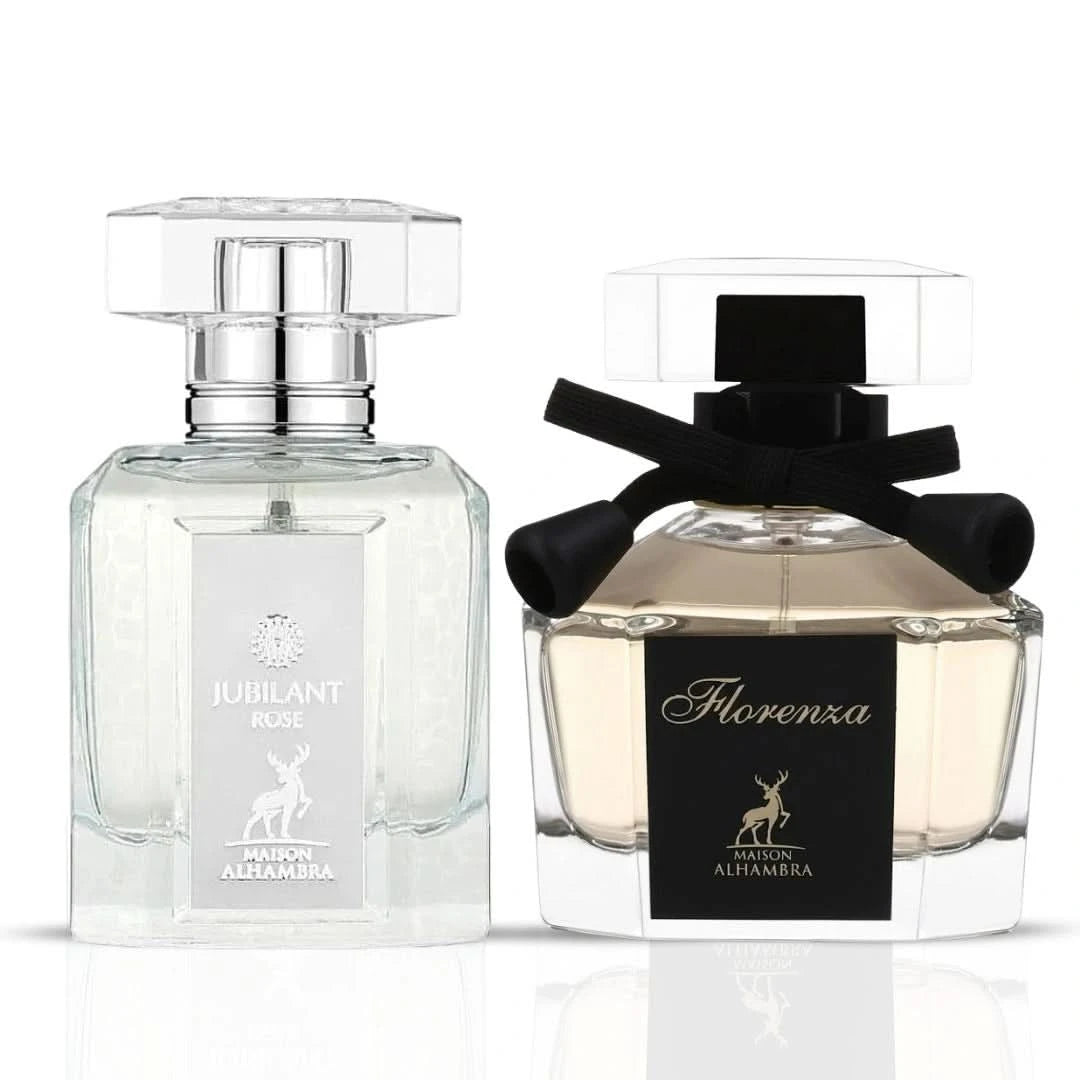 Maison Alhambra Jubilant Rose & Florenza Eau de Parfum bundle in 100ml spray bottles, featuring elegant floral fragrance packaging.