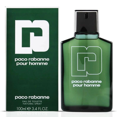 Paco Rabanne Pour Homme Eau de Toilette spray 100ml, featuring the sleek bottle with silver accents and modern design.