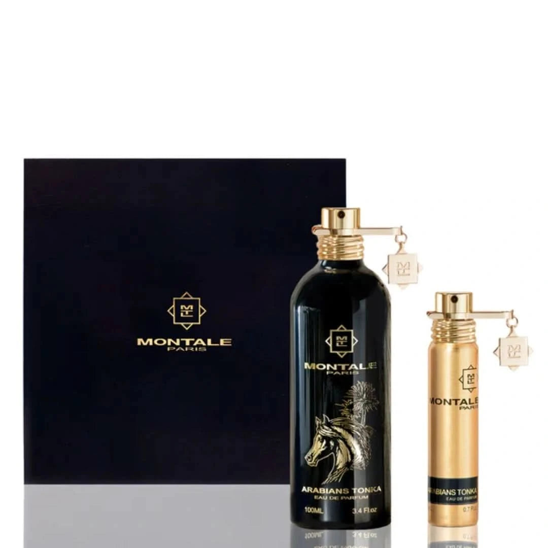 Montale Arabians Tonka Eau de Parfum gift set with 100ml and 20ml spray bottles, featuring elegant packaging and fragrance bottles.
