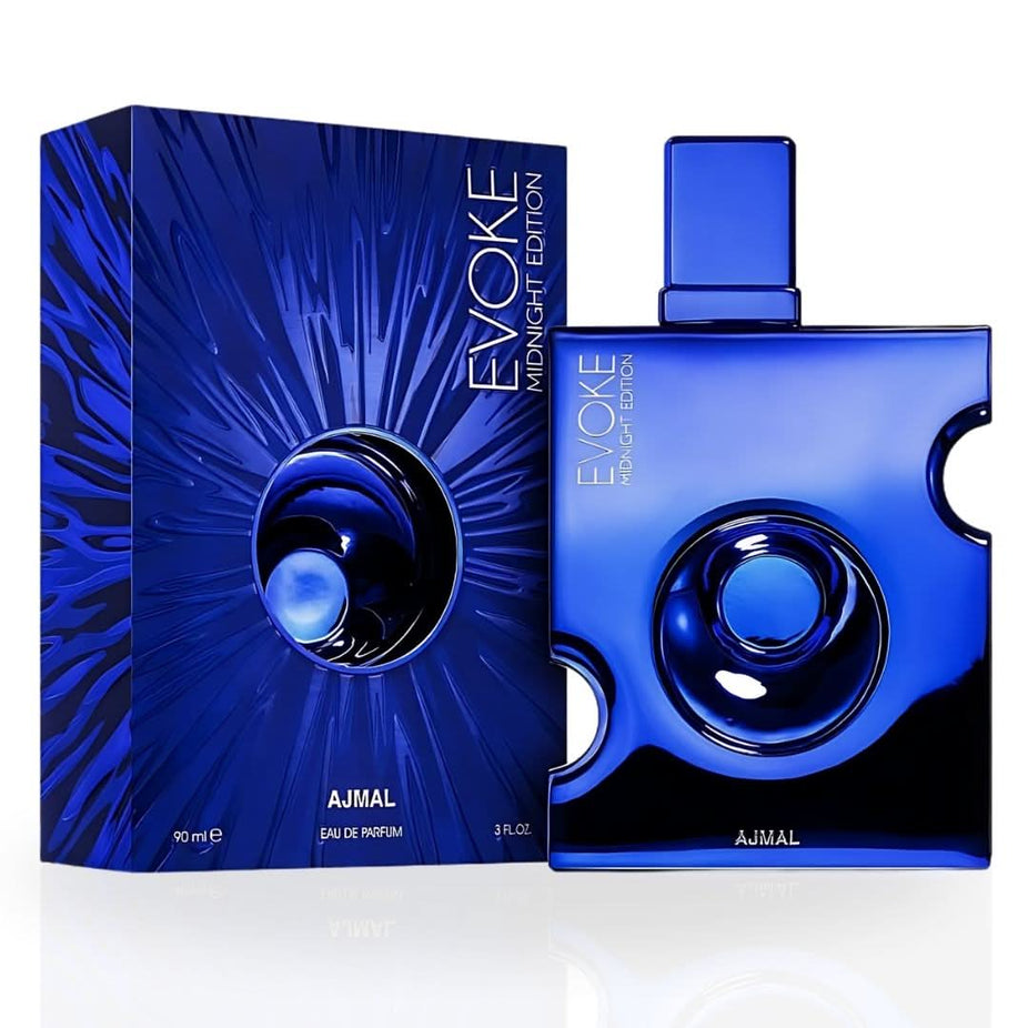 Evoke Midnight Eau de Parfum spray by Ajmal, 90ml bottle, featuring sleek packaging and elegant fragrance design.