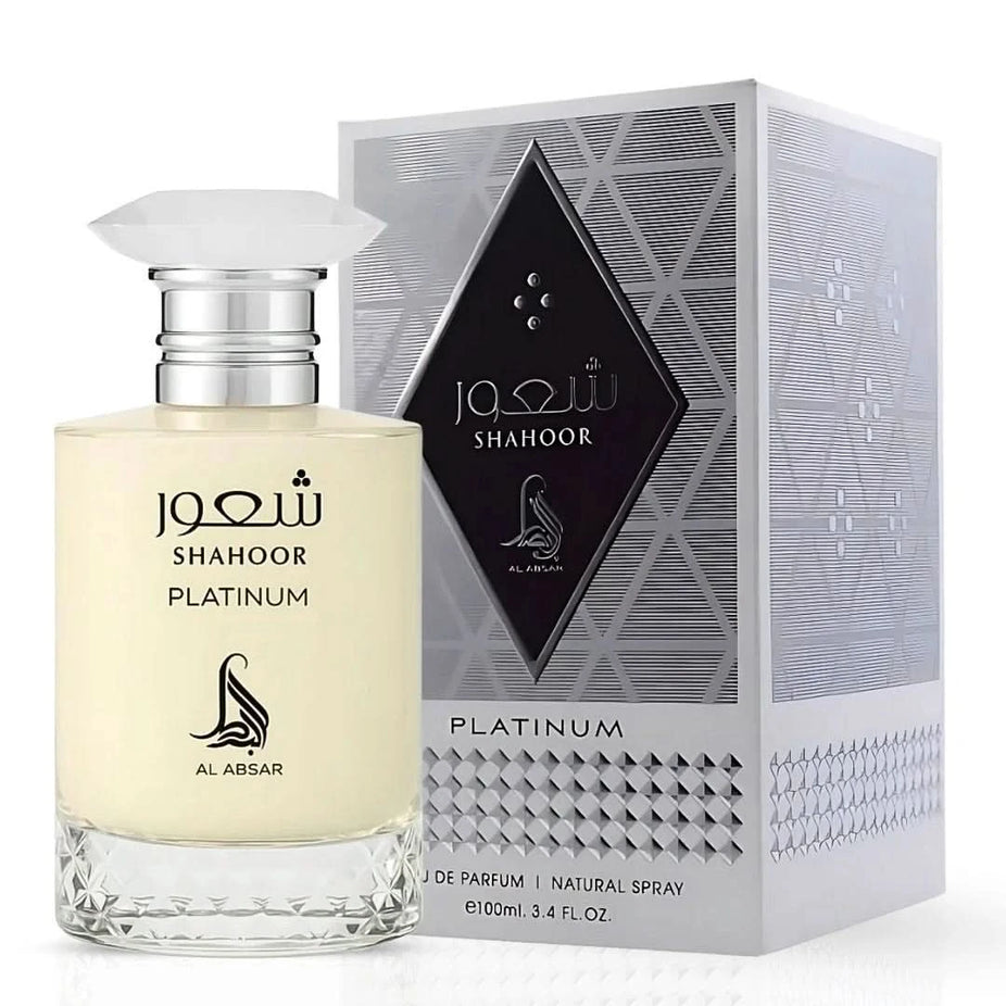 Shahoor Platinum Eau de Parfum spray by Al Absar, 100ml bottle with sleek design and elegant fragrance presentation.