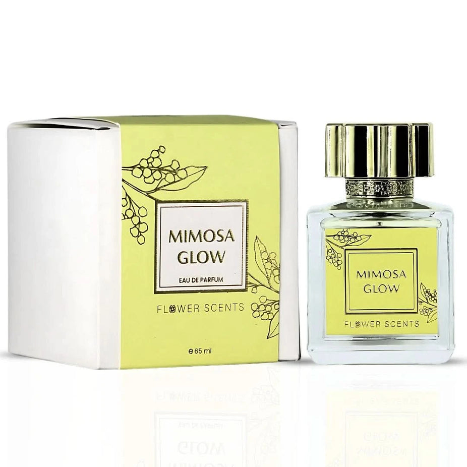 Flower Scents Mimosa Glow Eau de Parfum spray 65ml, elegant bottle with floral design, showcasing the fragrance.