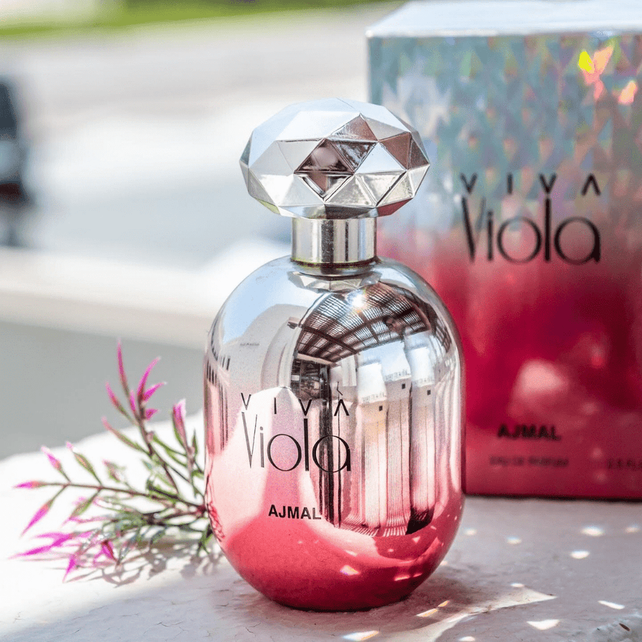 Ajmal Viva Viola for Women EDP 75ml bottle with floral and fruity notes, elegant perfume bottle design.