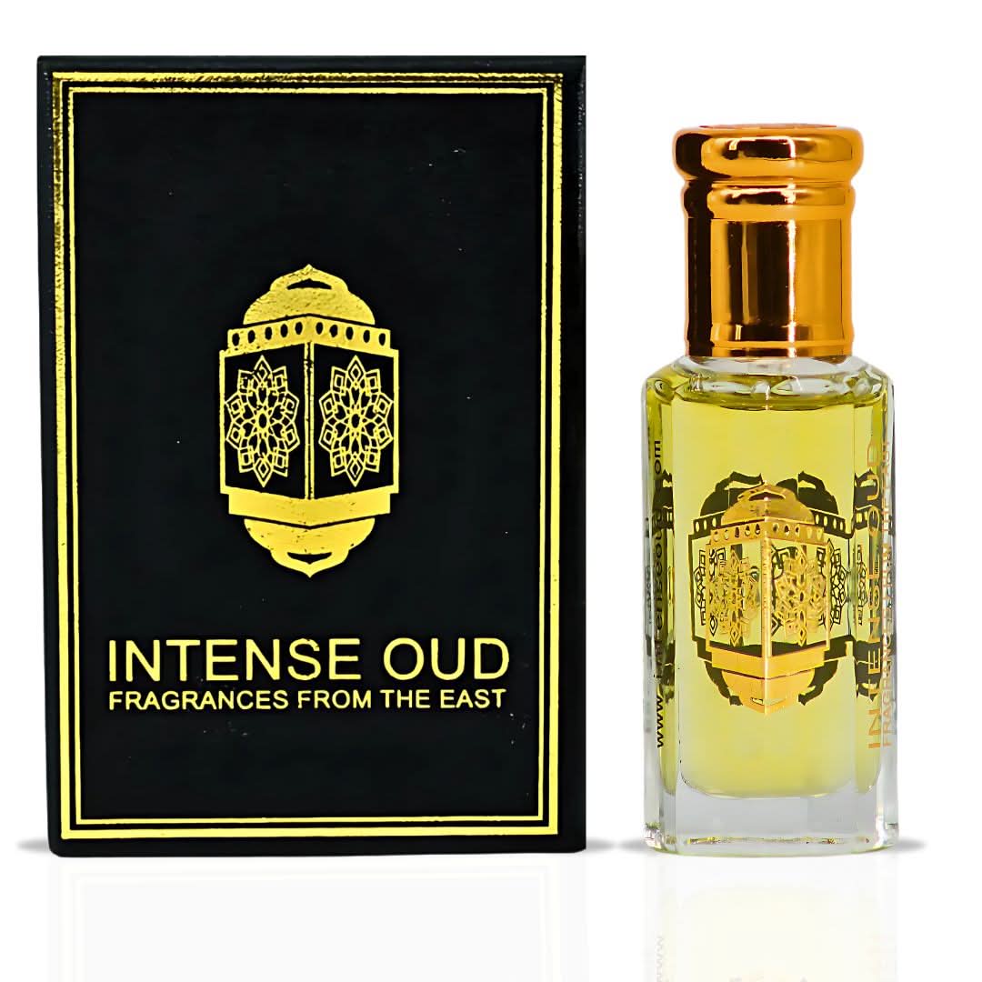 Intense Oud Scandalous Perfume Oil 12ml in a black gift box, showcasing the transparent glass bottle with black cap.