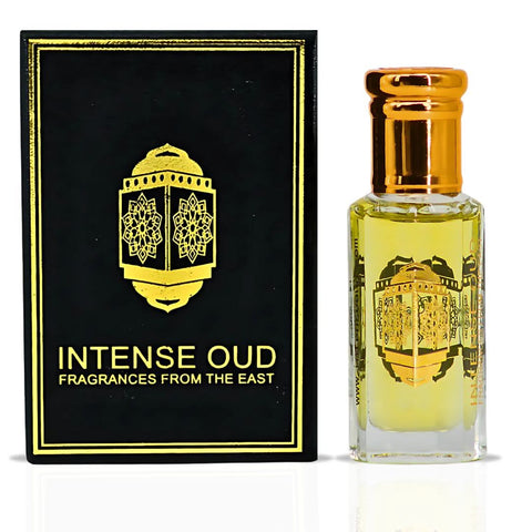 Intense Oud Scandalous Perfume Oil 12ml in a black gift box, showcasing the transparent glass bottle with black cap.
