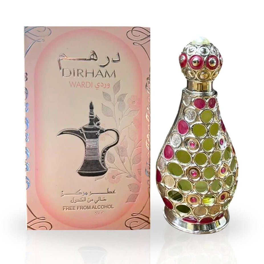 Dirham Wardi women’s perfume oil by Ard Al Zaafaran, 20ML concentrated perfume oil in a clear glass bottle with gold cap.