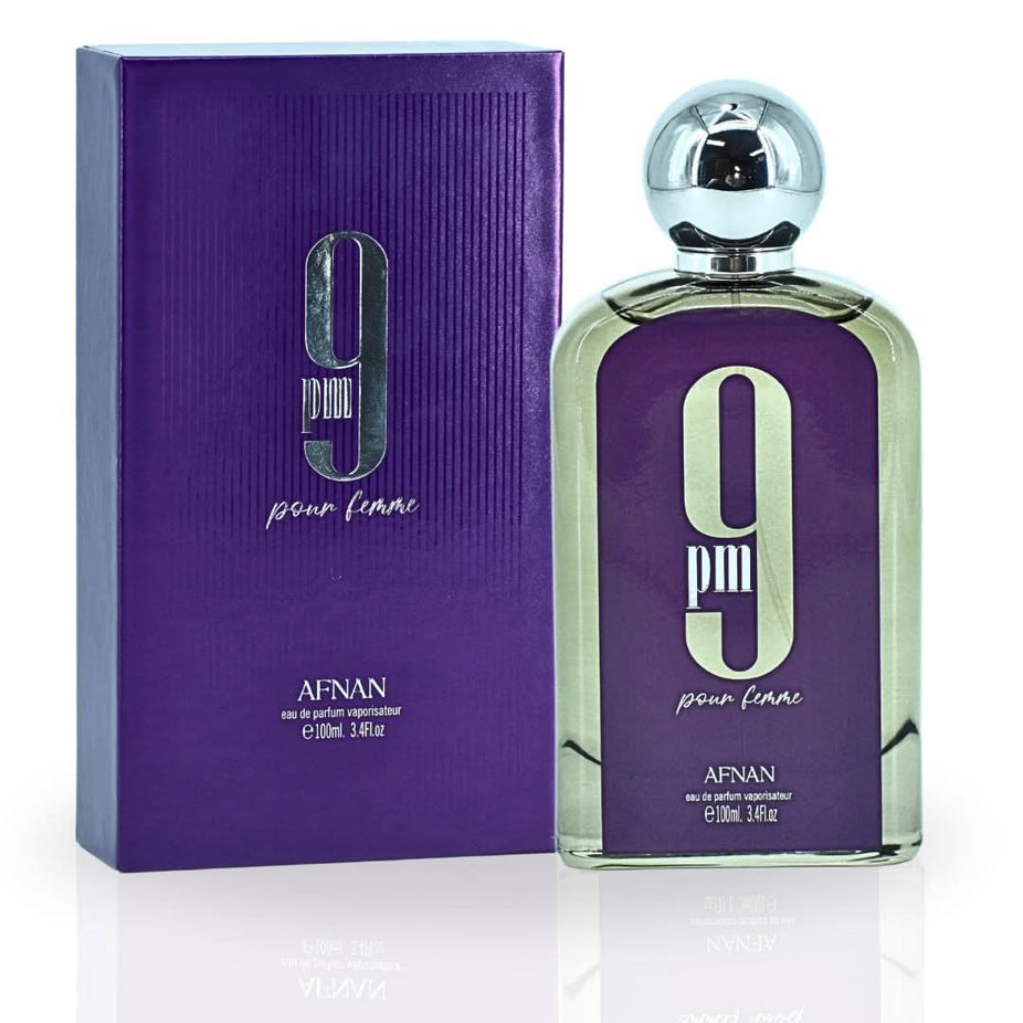 Afnan 9PM Pour Femme Eau de Parfum spray bottle, 100ml, featuring a sleek design and elegant packaging.
