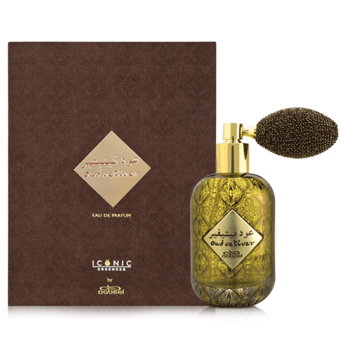 Nabeel Oud Vetiver Eau De Parfum bottle, 100ml, with elegant label and cap, showcasing its luxurious fragrance presentation.