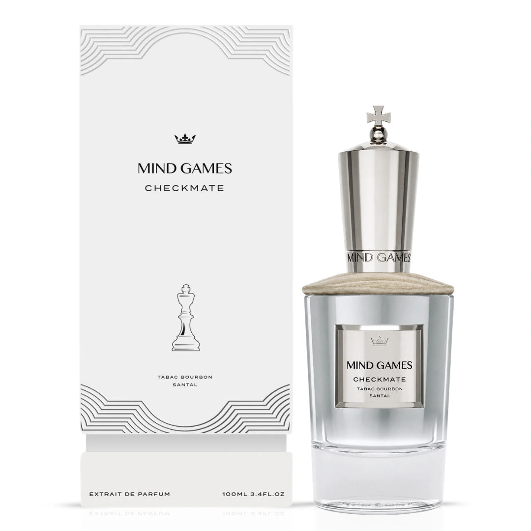 Checkmate Extrait de Parfum Spray by Mind Games, 100ml EDP bottle, sleek design with elegant branding and clear spray nozzle.