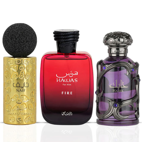 Hawas Fire by Rasasi, Habik Men by Lattafa & Naif by Ard Al