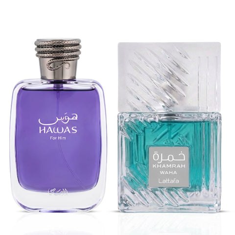 Hawas for Men by Rasasi & Khamrah Waha by Lattafa Eau de Parfum Sprays 100ml (3.4 oz) (Bundle)