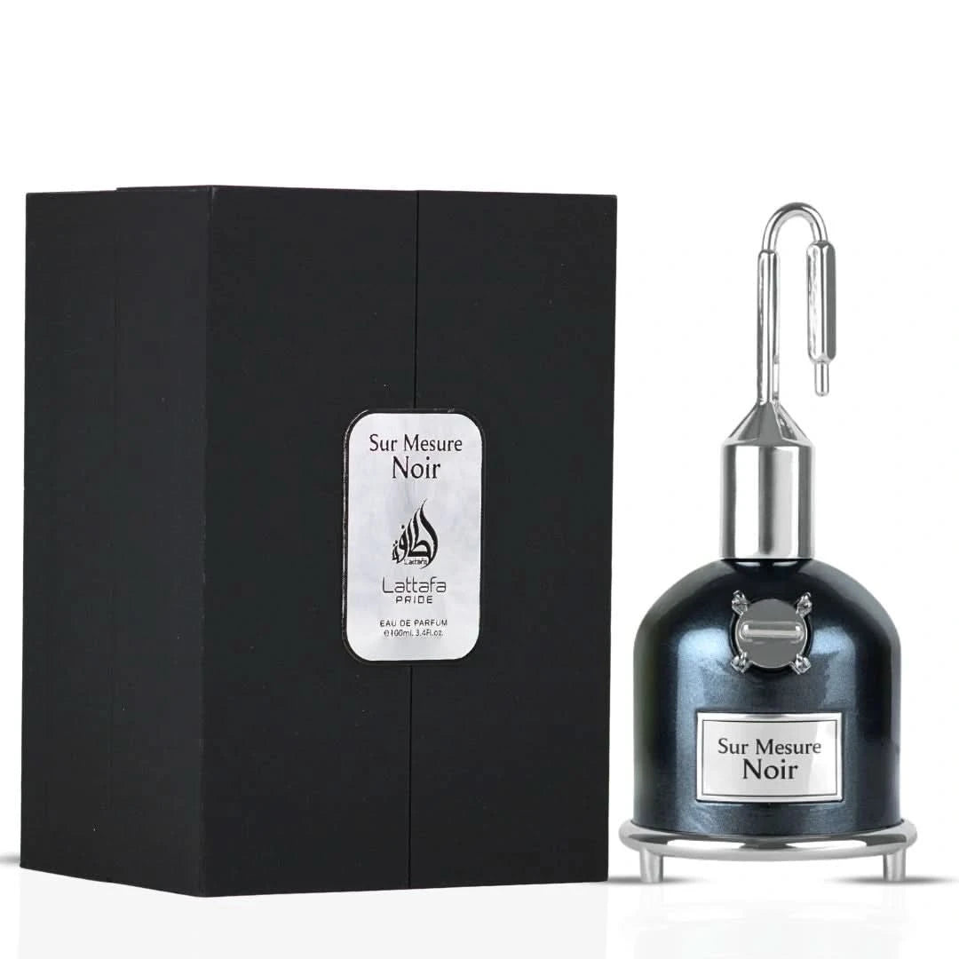 Lattafa Pride Sur Mesure Noir Eau De Parfum spray 100ml bottle, black packaging, elegant design, front view.
