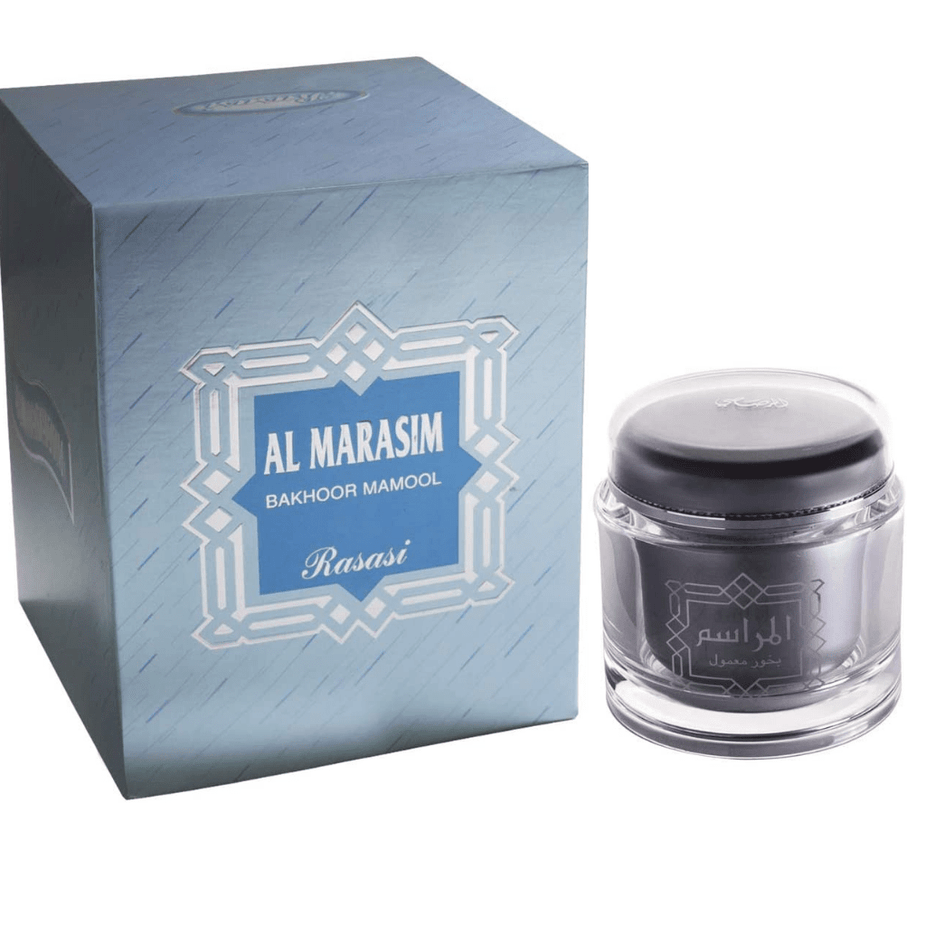 Rasasi Bakhoor al Marasim with 22 tablets, traditional aromatic incense for home use, displayed in the image.