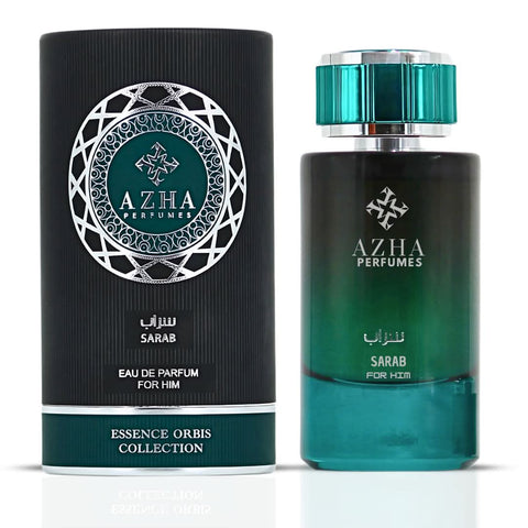 Azha Sarab For Him Eau de Parfum spray 100ml bottle, sleek design, with the perfume visible in a stylish container.