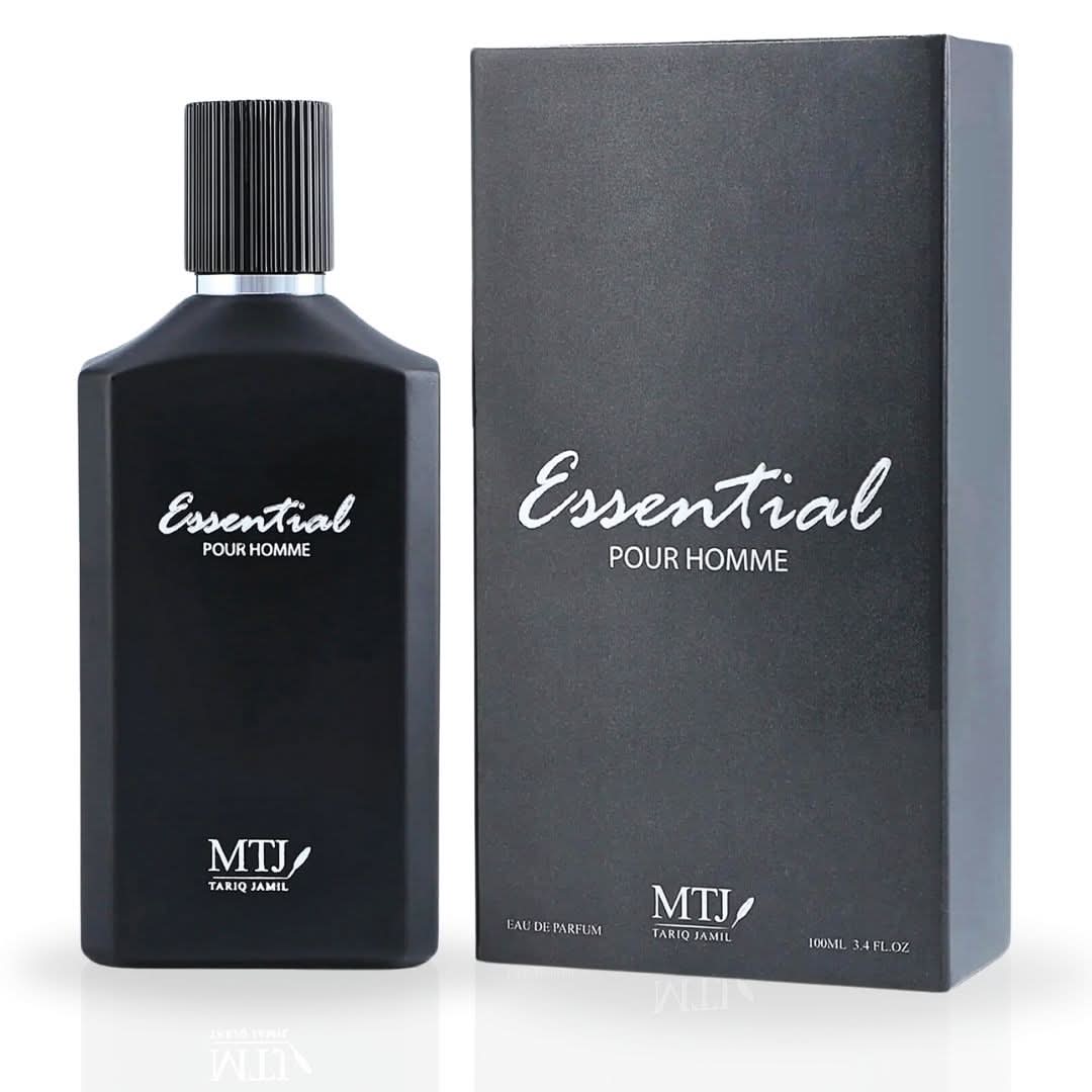 MTJ Essential Pour Homme EDP spray 100ML featuring a sleek bottle, highlighting a long-lasting, spicy, citrusy, leathery masculine scent.