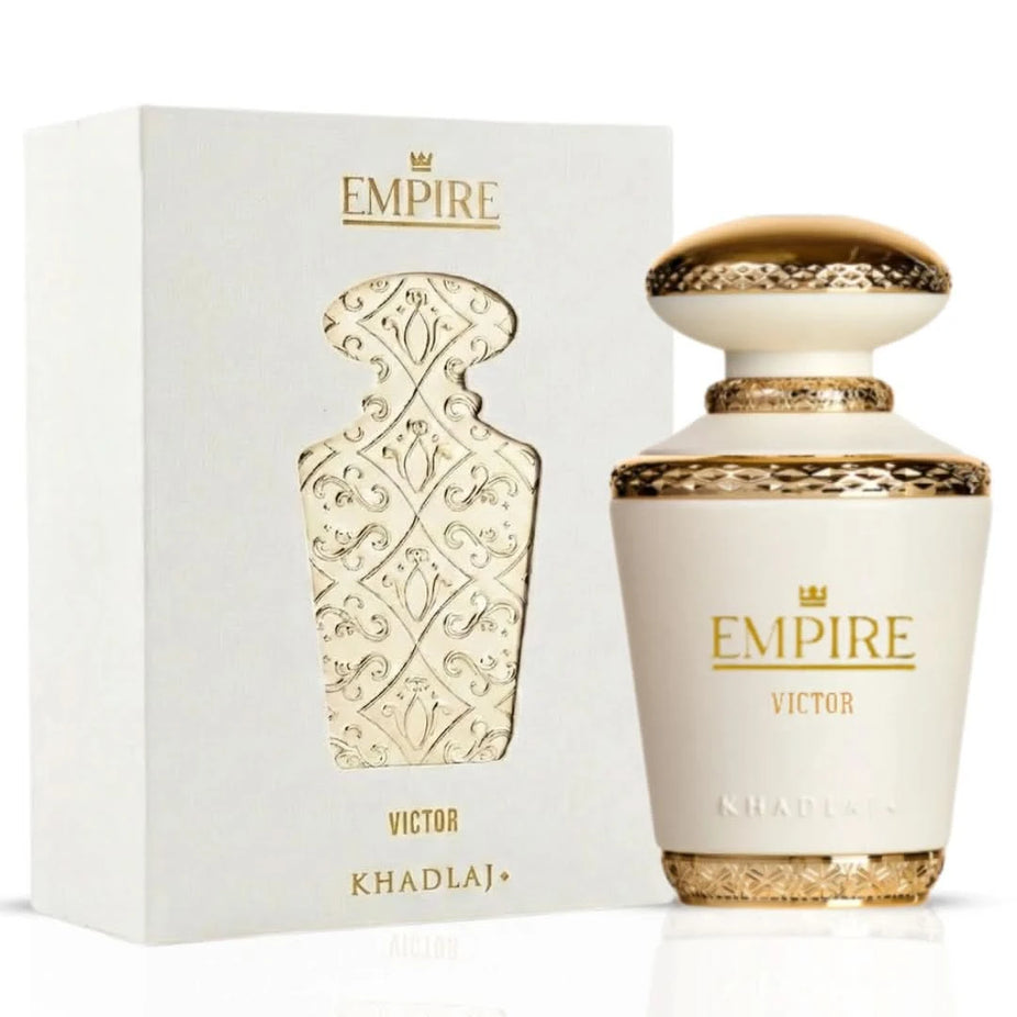 Empire Victor Eau de Parfum spray by Khadlaj, 100ml bottle, elegant glass container with a sleek design and fragrance label.