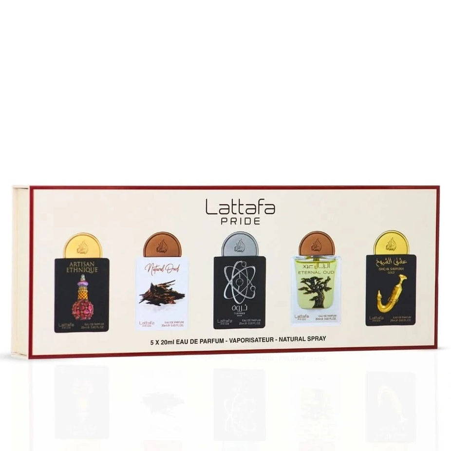 Lattafa Pride Eau de Parfum gift set with five 20ml bottles, elegant fragrance collection in stylish packaging.