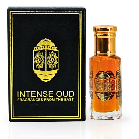 Intense Oud Mukhalat Malaki perfume oil in a 12ml glass bottle with a black gift box, showcasing elegant packaging and oil inside.