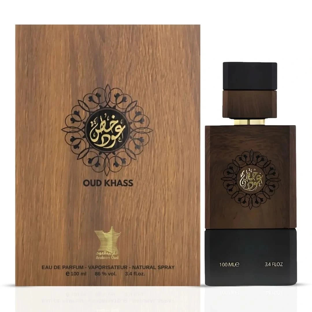 Arabian Oud Oud Khass Eau de Parfum spray 100ml bottle, elegant packaging with a dark-colored cap and sleek design.
