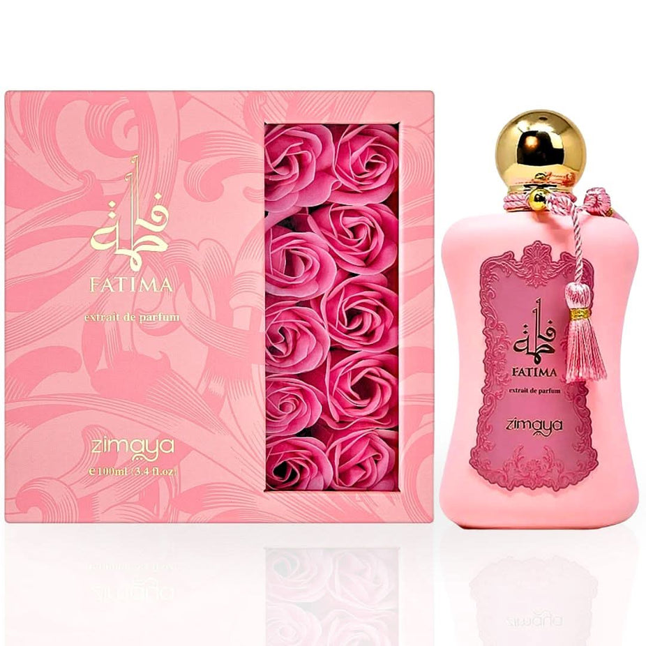 Zimaya Fatima Pink Eau De Parfum spray bottle, 100ml, featuring a sleek pink design and elegant branding.